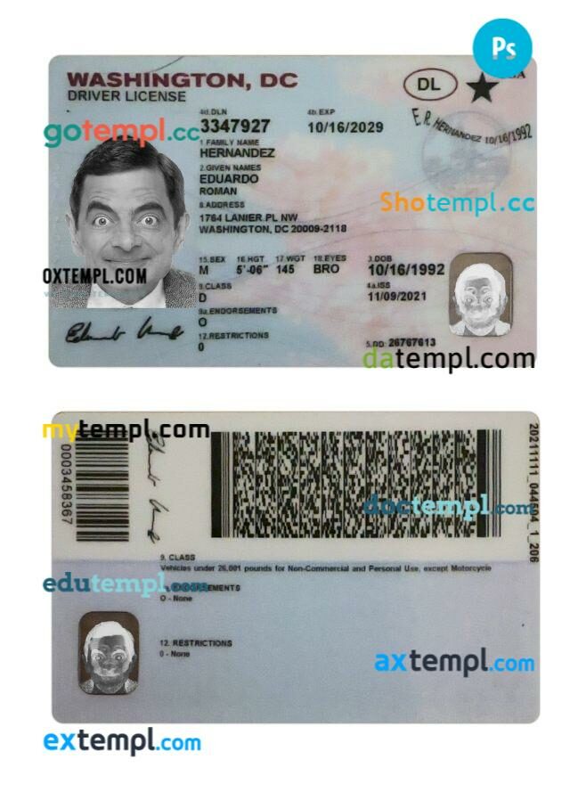 USA Washington DC driving license PSD editable template