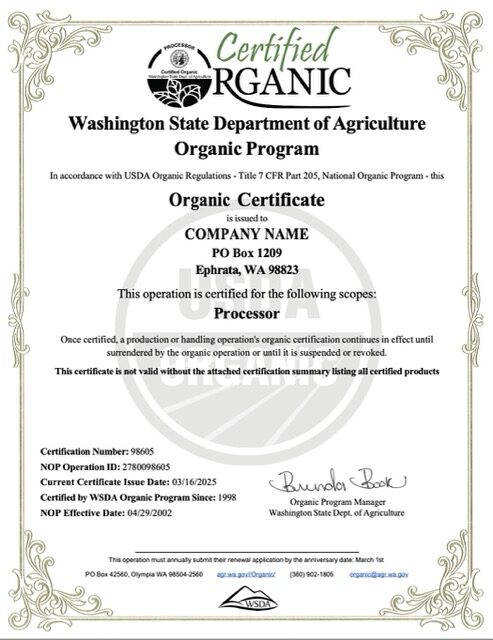 USA Washington organic certificate of company Word and PDF template