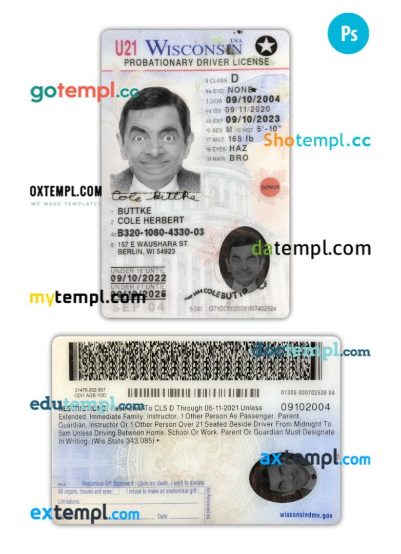USA Wisconsin driving license PSD editable template, 2020-present