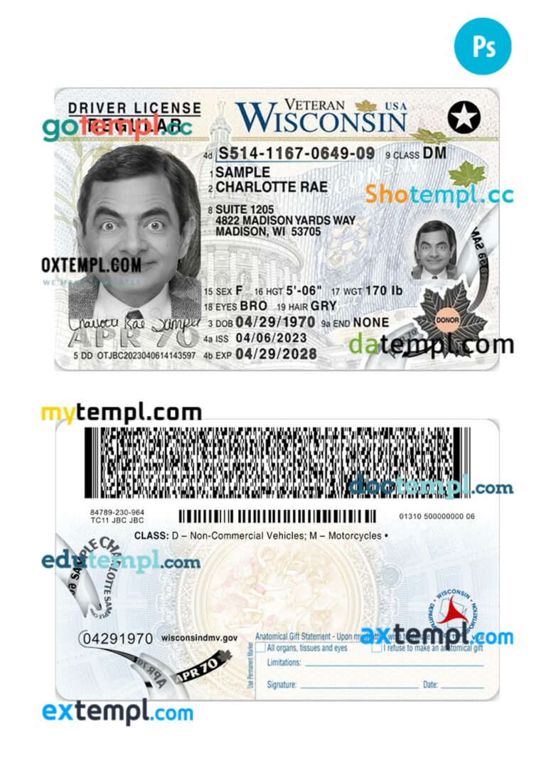 USA Wisconsin driving license PSD editable template, 2023-present