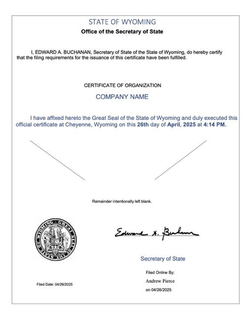 USA Wyoming certificate of organization Word and PDF template