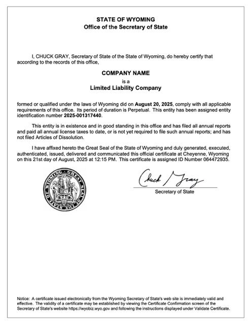 USA Wyoming certificate of registration Word and PDF template