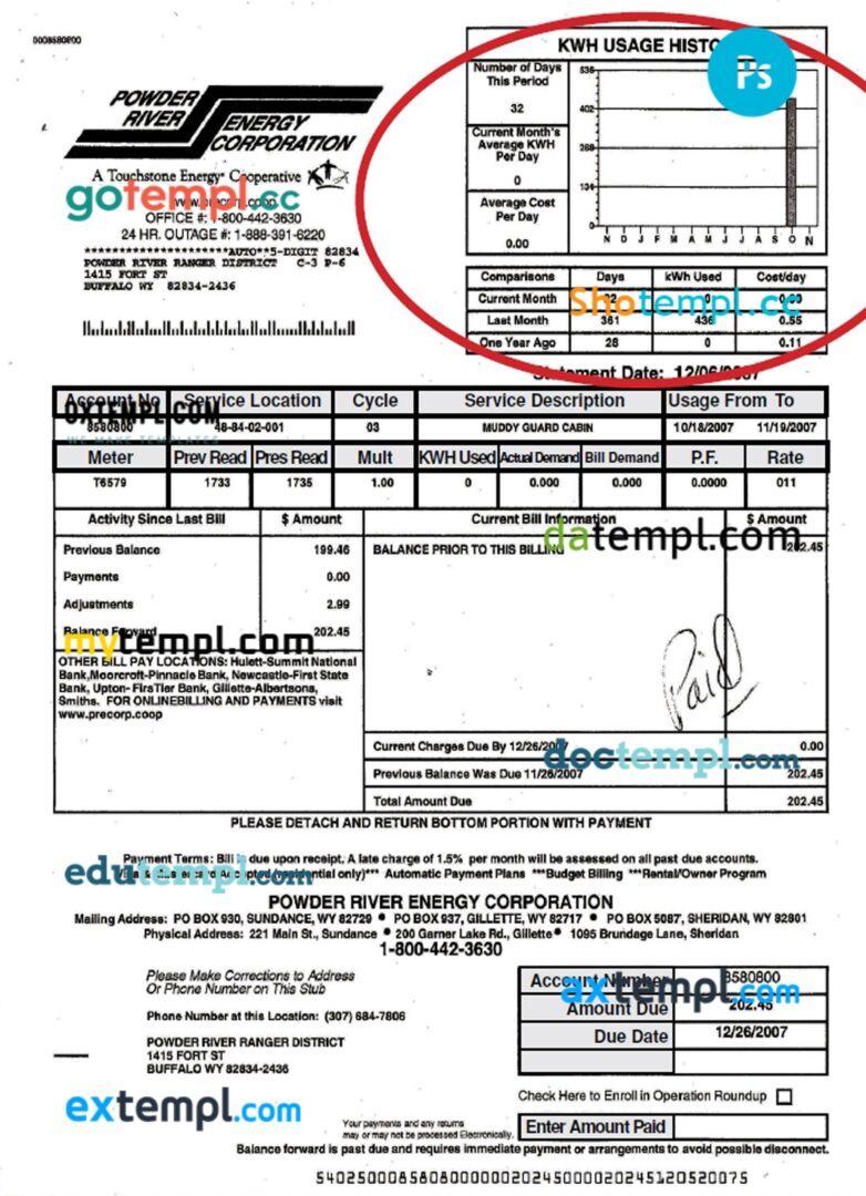 USA Wyoming powder river energy bill template in PSD format