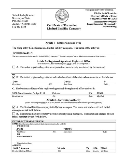 USA certificate of formation limited liability company Word and PDF template