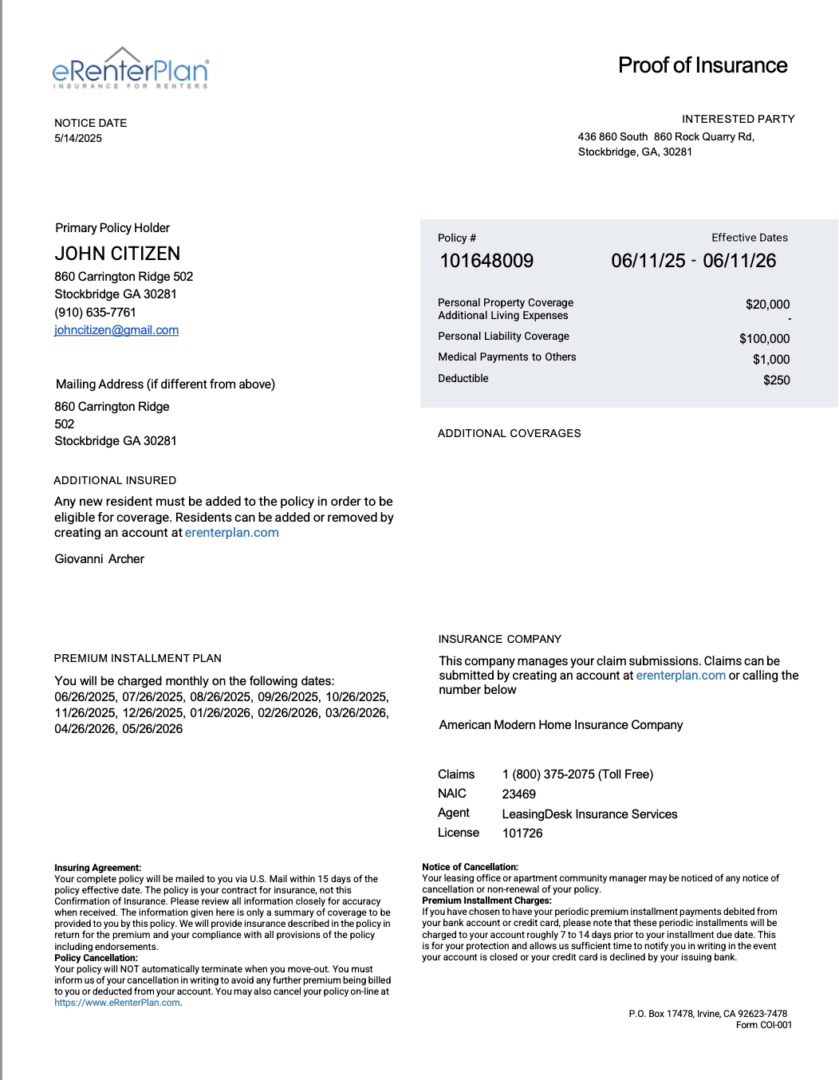 USA eRenterPlan proof of insurance Word and PDF template