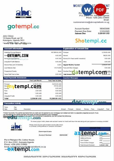 Uganda ABC Bank of Uganda mortgage statement in Word and PDF formats