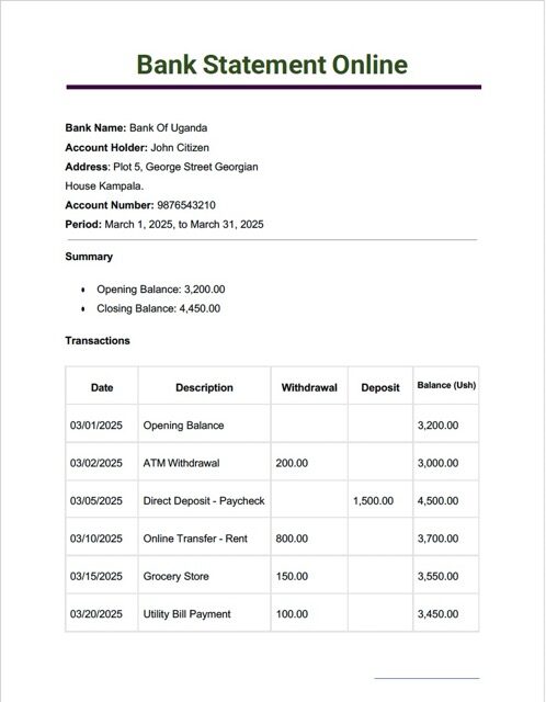 Uganda Bank of Uganda bank statement online Word and PDF template