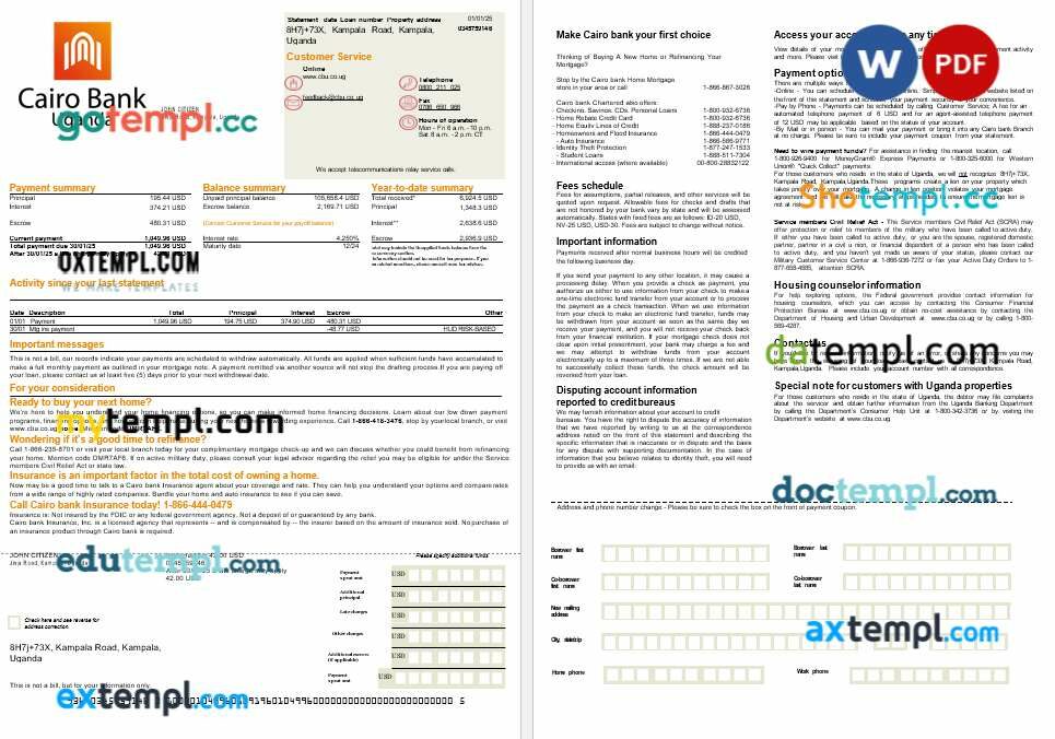 Uganda Cairo bank mortgage statement in Word and PDF formats, 2 pages