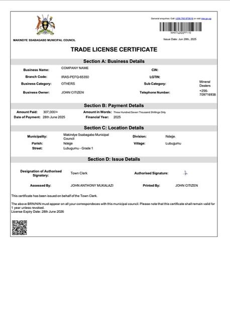 Uganda Makindye trade license certificate Word and PDF template