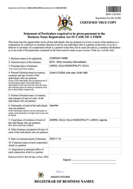 Uganda business name registration certificate Word and PDF template, version 2