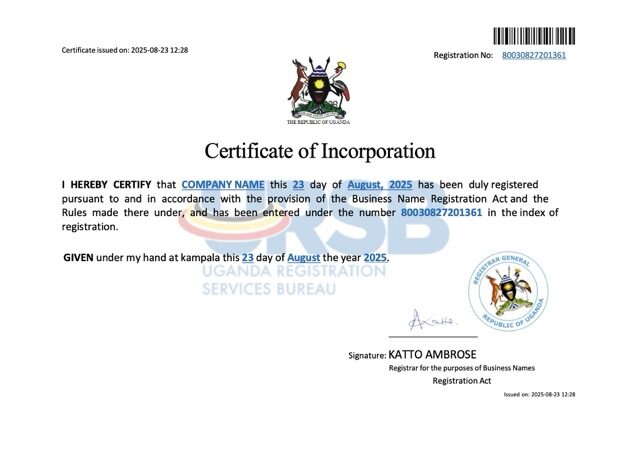 Uganda company incorporation certificate Word and PDF template