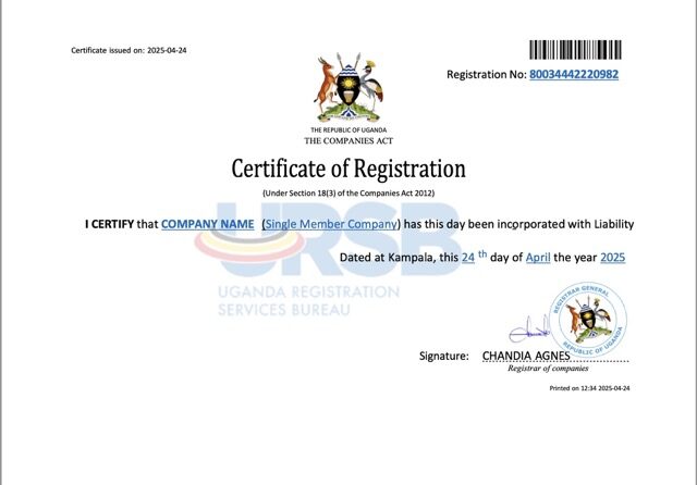 Uganda company registration certificate Word and PDF template