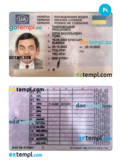 Ukraine driving license PSD editable template, 2022-present