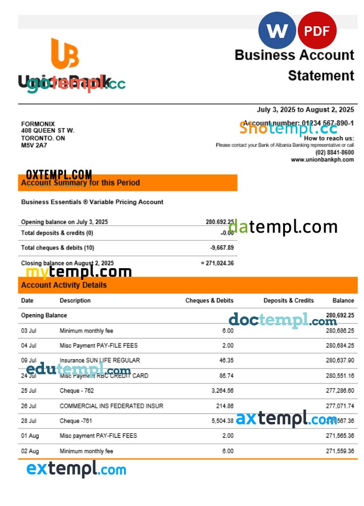 Unionbank company statement Word and PDF format