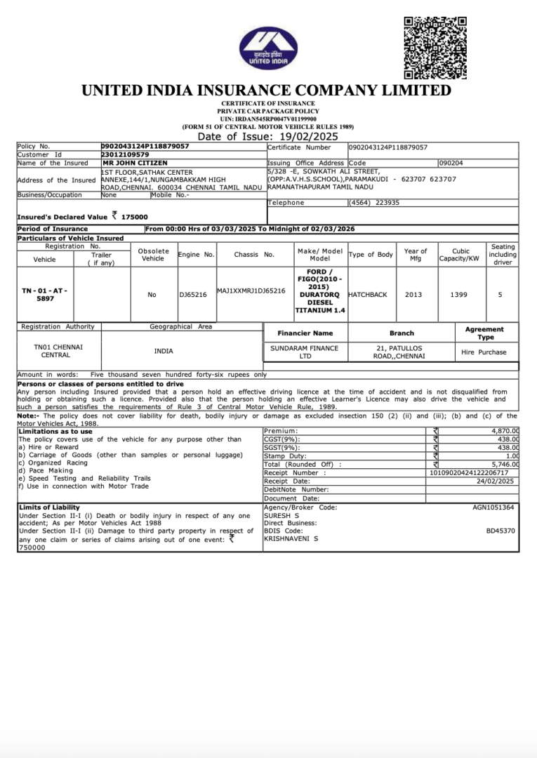 United India Insurance certificate of insurance Word and PDF template, version 2