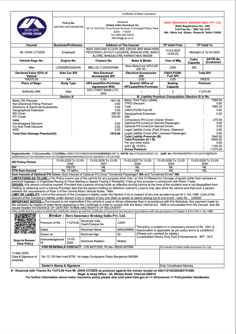 United India Insurance certificate of motor insurance Word and PDF template