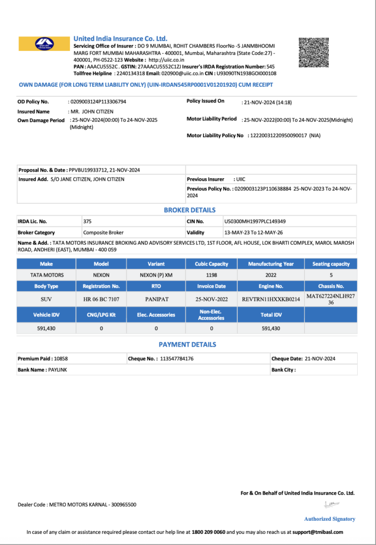 United India Insurance own damage cum receipt Word and PDF template