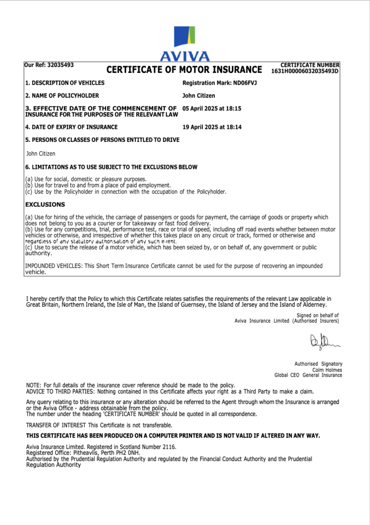 United Kingdom Aviva certificate of motor insurance Word and PDF template