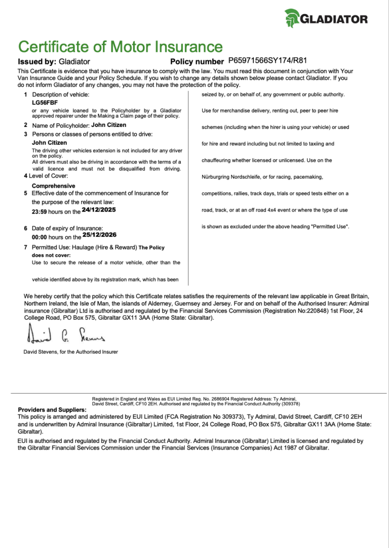 United Kingdom Gladiator certificate of motor insurance Word and PDF template