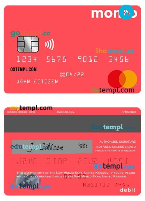United Kingdom Monzo bank debit mastercard template in PSD format