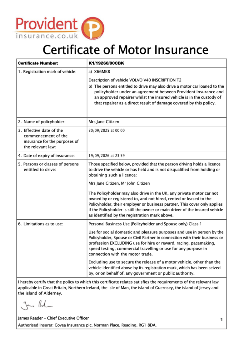 United Kingdom Provident certificate of motor insurance Word and PDF template