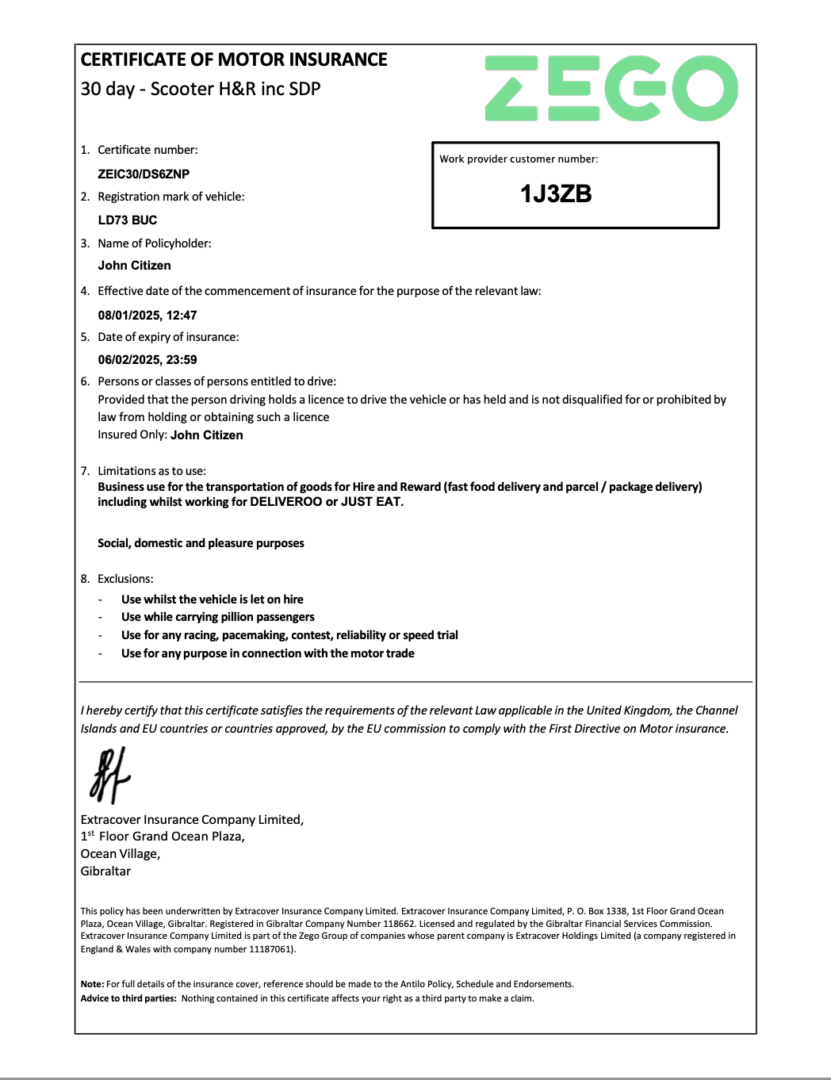 United Kingdom Zego certificate of motor insurance Word and PDF template