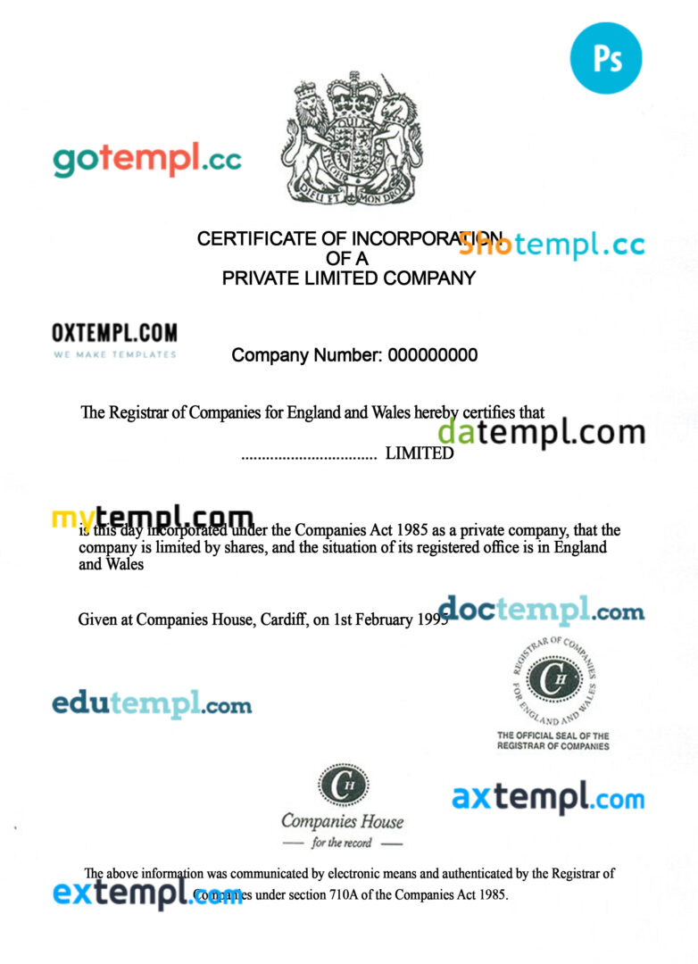 United Kingdom company certificate of incorporation PSD template