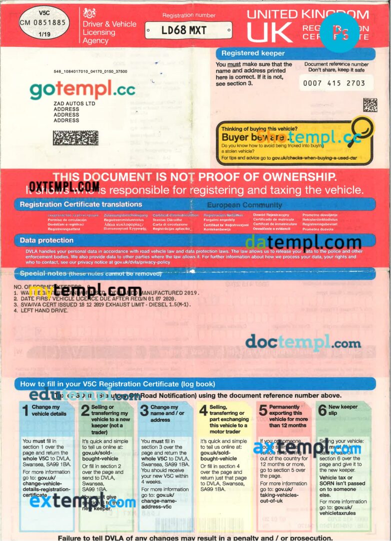 United Kingdom driver vehicle registration certificate in PSD format, 4 pages