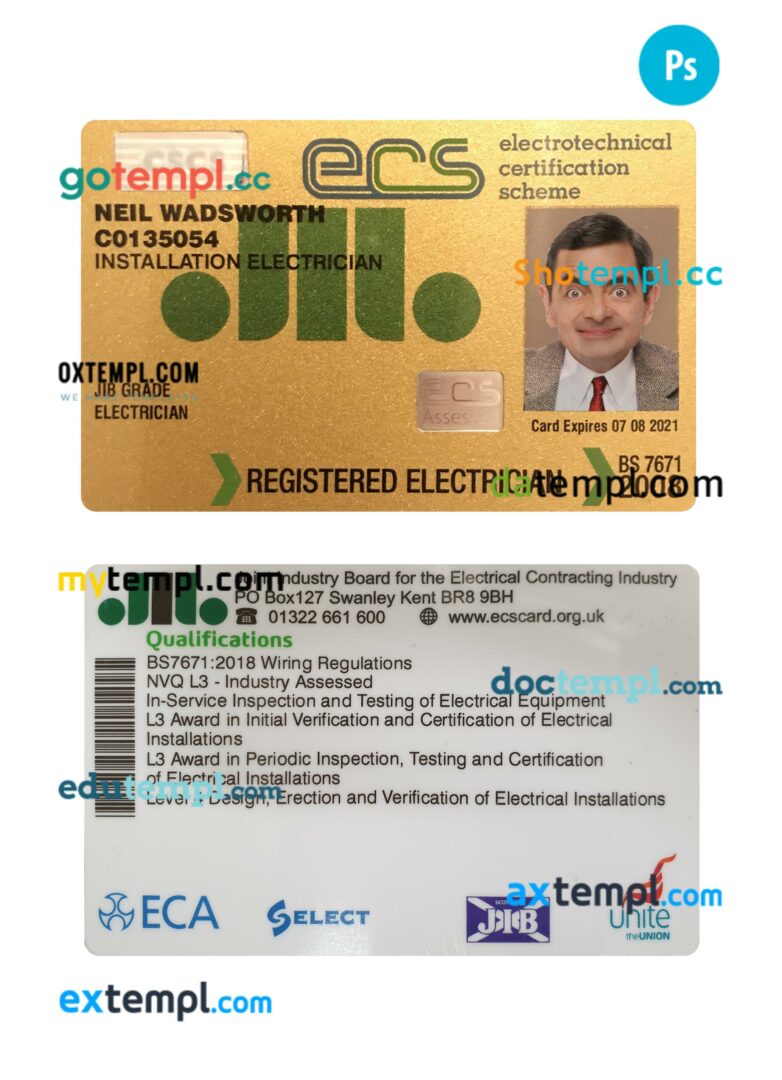 United Kingdom electrotechnical certification scheme (ECS) card template in PSD format