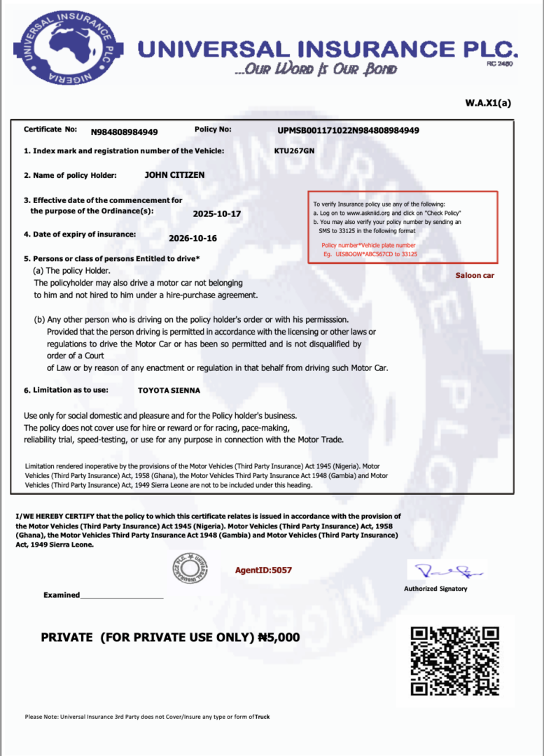Universal Insurance Plc Nigeria certificate of vehicle insurance Word and PDF template