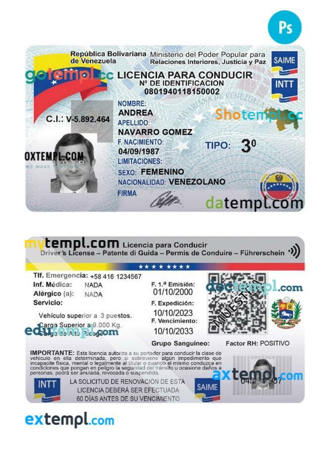Venezuela driving license PSD editable template, 2023-present