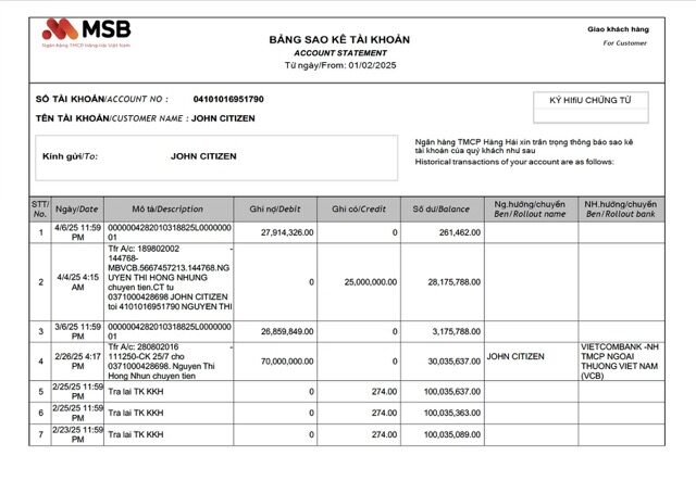 Vietnam MSB Bank account statement Word and PDF template