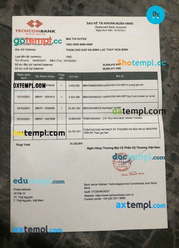 Vietnam Techcom bank statement in PSD format