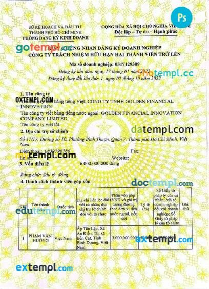 Vietnam company register entry certificate PSD template