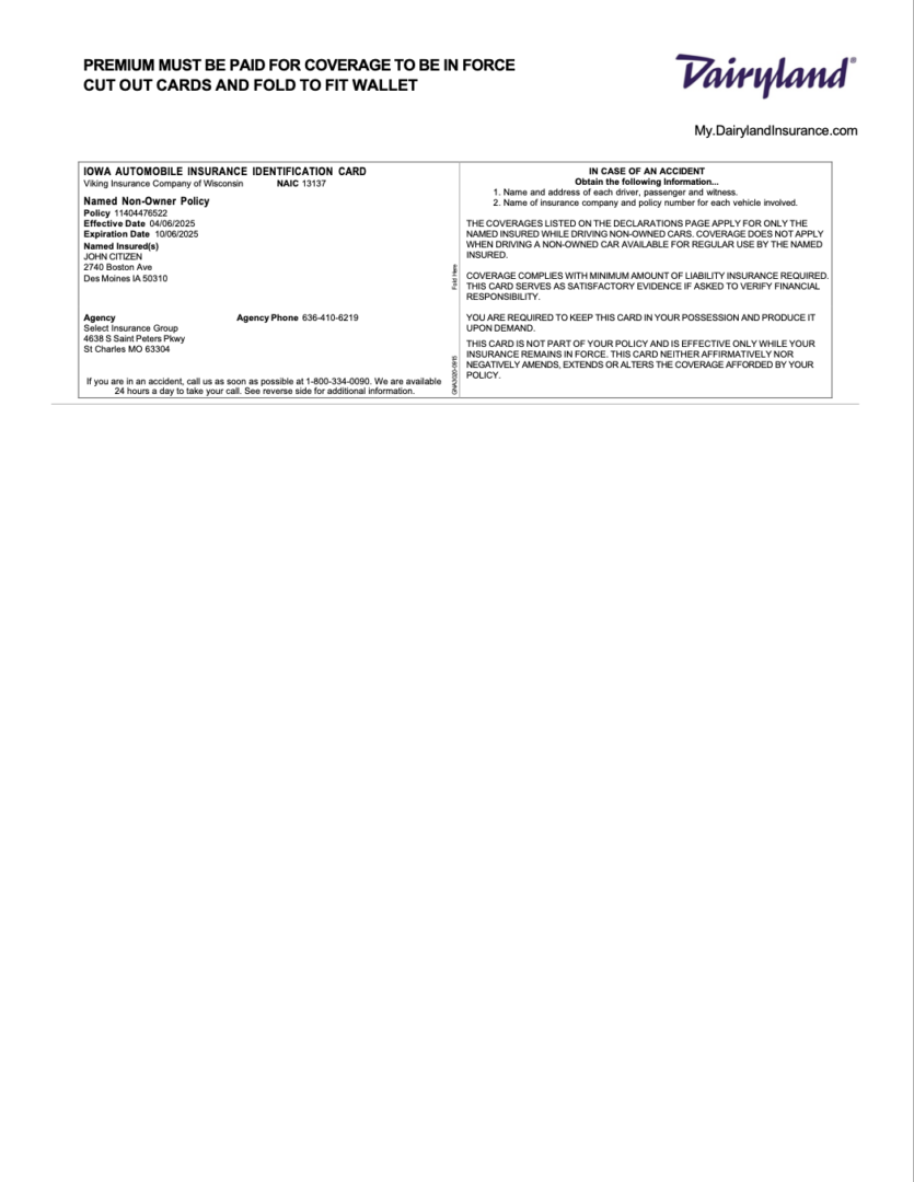 Viking Insurance Company of Wisconsin Iowa Automobile Insurance identification card Word and PDF template