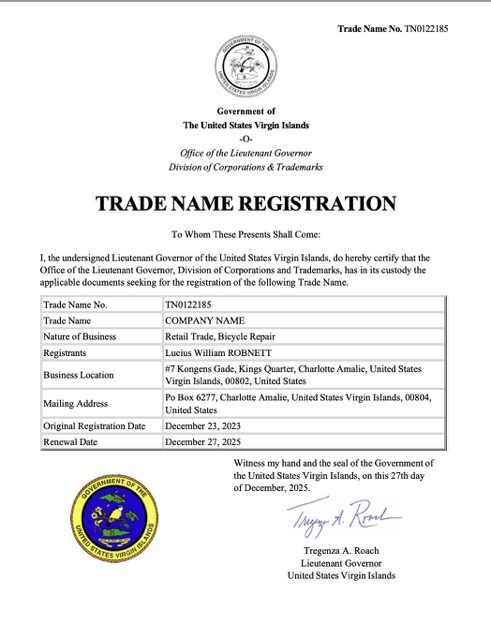 Virgin Islands trade name registration certificate Word and PDF template