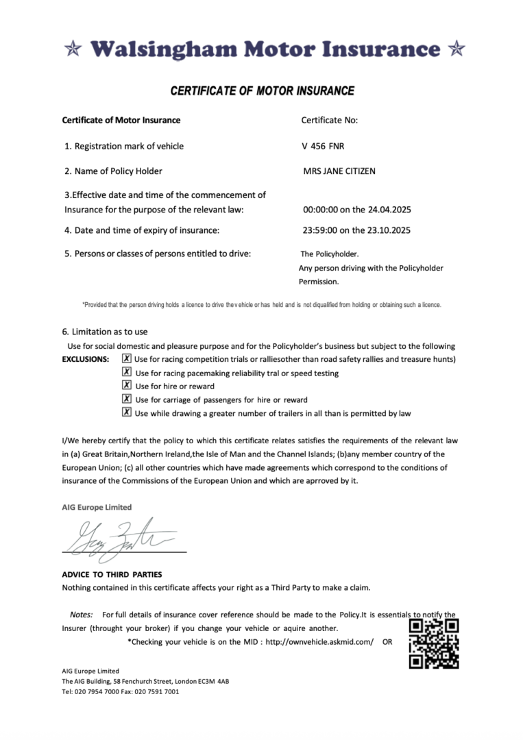Walsingham Motor Insurance Limited certificate of motor insurance Word and PDF template