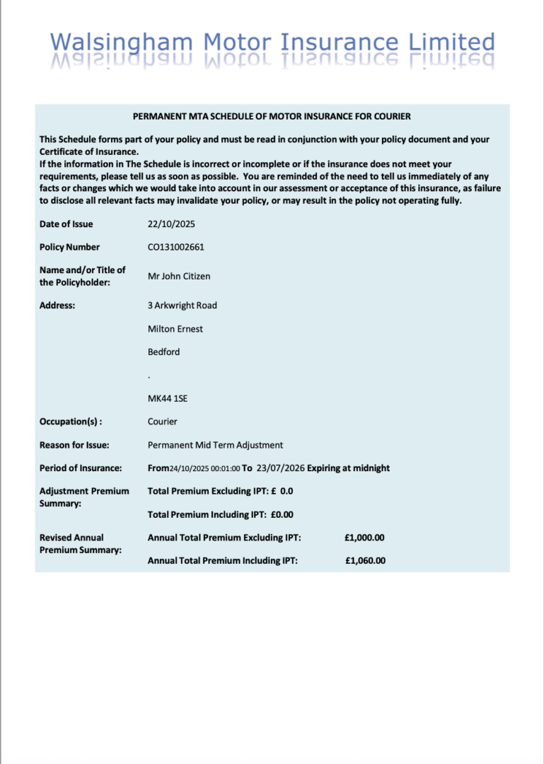 Walsingham Motor Insurance Limited permanent MTA schedule of motor insurance Word and PDF template