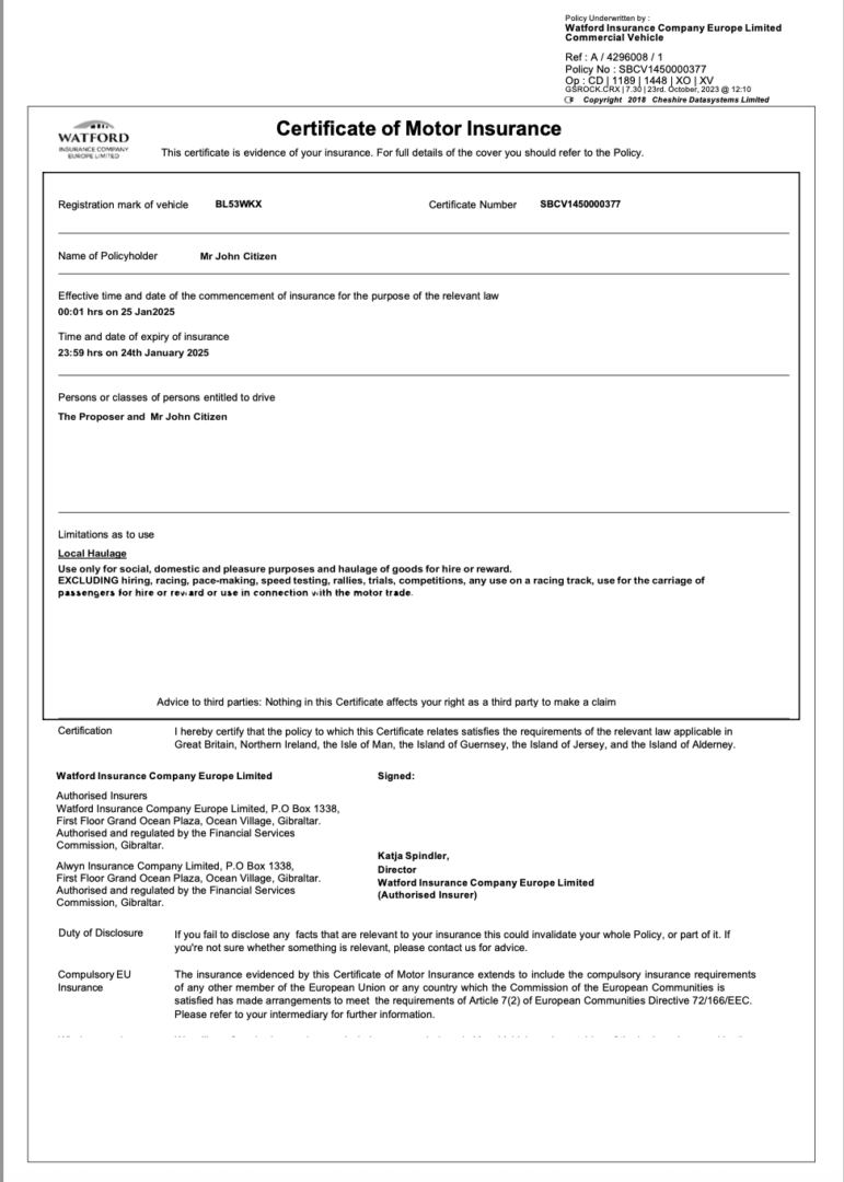 Watford Insurance Company Europe Limited certificate of motor insurance Word and PDF template, version 2