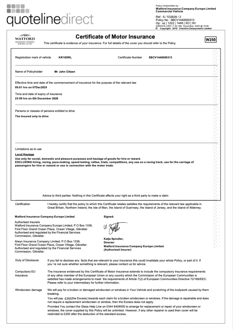 Watford Insurance Company Europe Limited certificate of motor insurance Word and PDF template