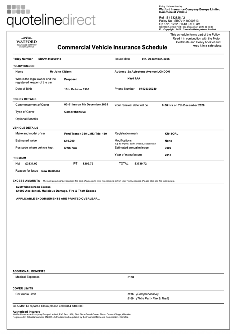 Watford Insurance Company Europe Limited commercial vehicle insurance schedule Word and PDF template