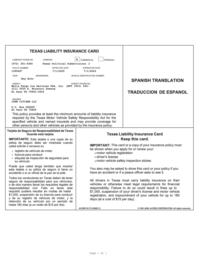 Wells Fargo Insurance Services Texas Liability insurance card Word and PDF template