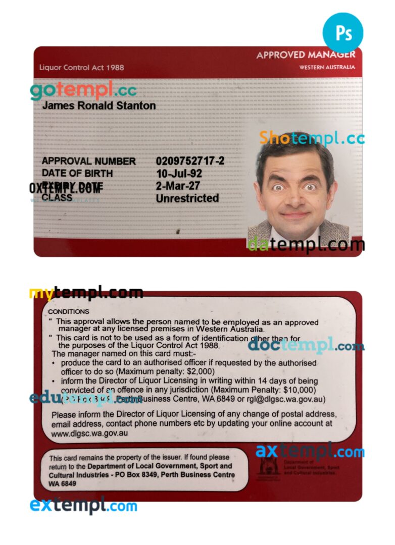 Western Australia approved manager license card template in PSD format
