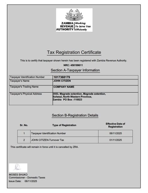 Zambia tax registration certificate Word and PDF template