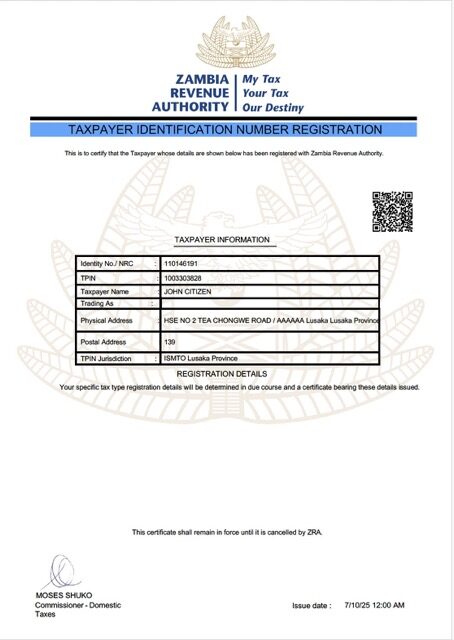 Zambia taxpayer identification number registration Word and PDF template