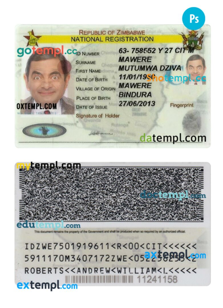 Zimbabwe national registration ID card PSD template