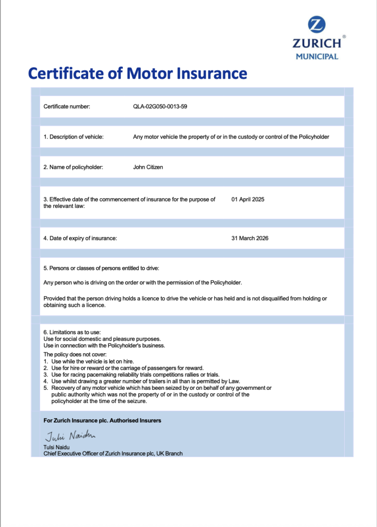 Zurich Insurance Group certificate of motor insurance Word and PDF template, version 2
