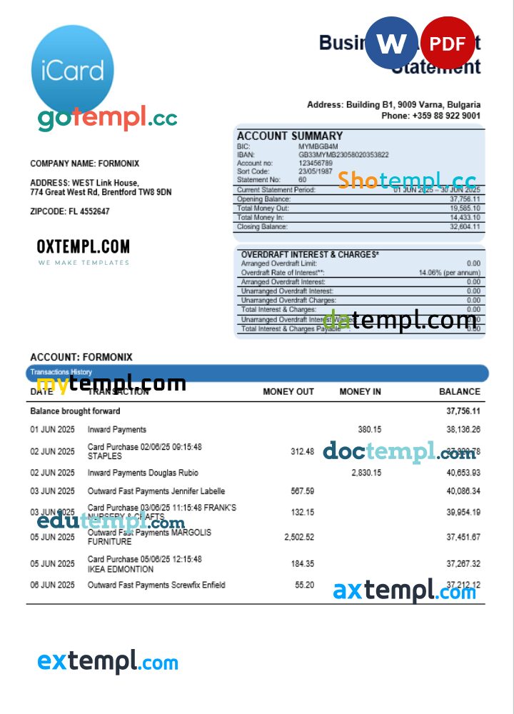 iCard business bank statement Word and PDF format