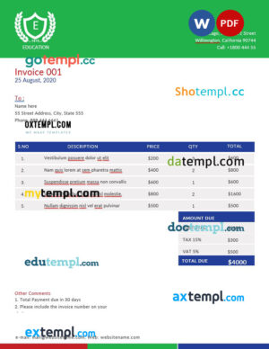 sample A4 Education Invoice template in word and pdf format download