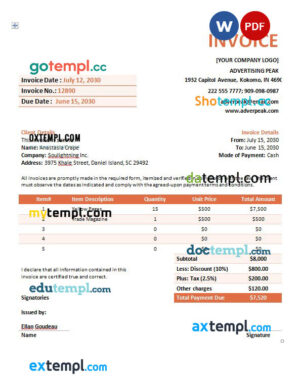 sample Advertising Company Invoice template in word and pdf format download
